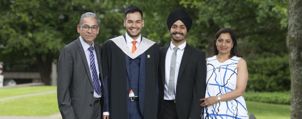 Stirling graduate Simron Singh Kandola with his family at Graduation