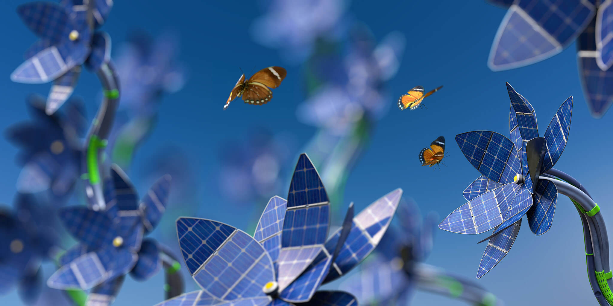 Environmental management: A macro image with shallow depth of field of a group of futuristic flowers with petals made from solar panels and stem made from cables. Three Orange Forester butterflies are in mid flight amongst the flowers. Butterflies have blurred motion. Focus is on the flower on the right hand side.