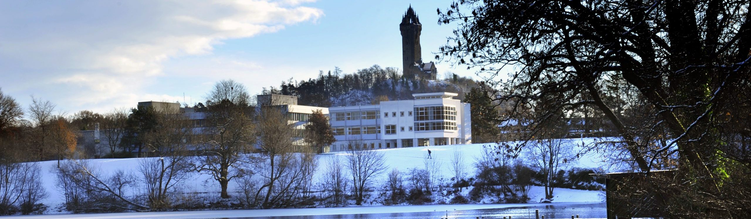 Winter campus image - Wallace Monument, Loch, Cottrell Building, Snow, Ice