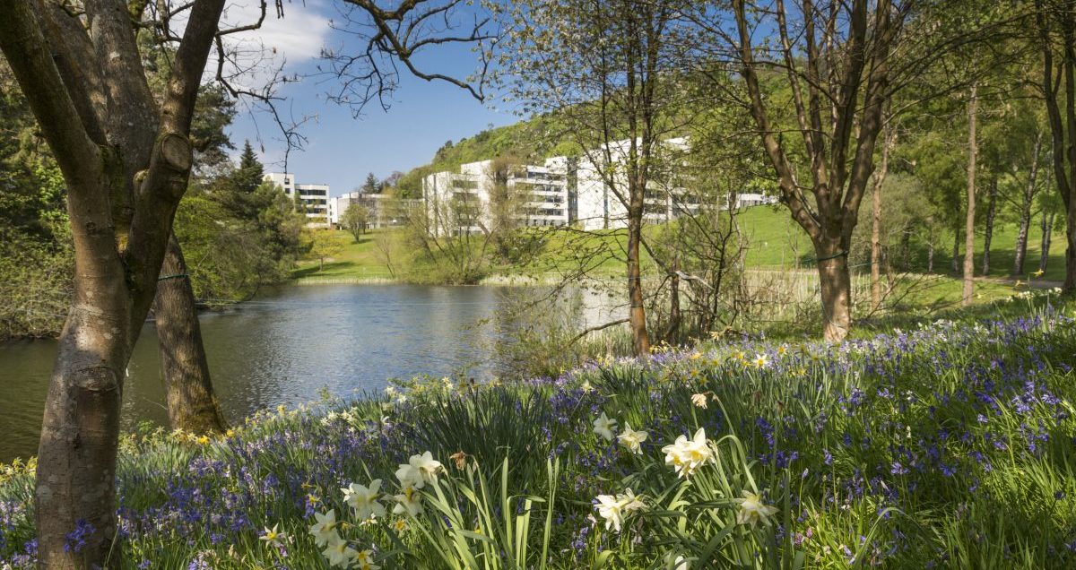 The University of Stirling campus in spring time, which is a few months before UCAS Clearing.