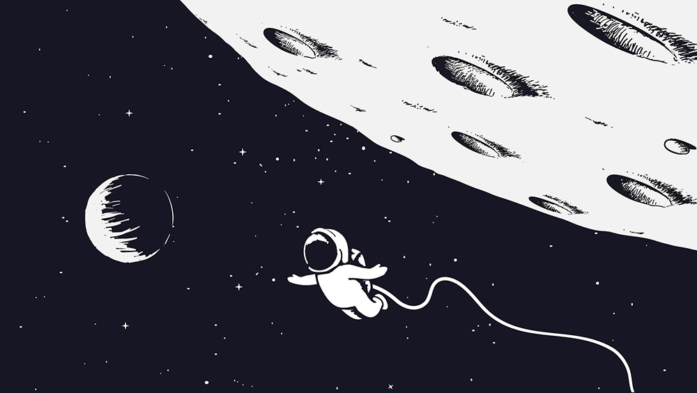 Illustration of an astronaut floating in spacer next to a planet with another planet in the background