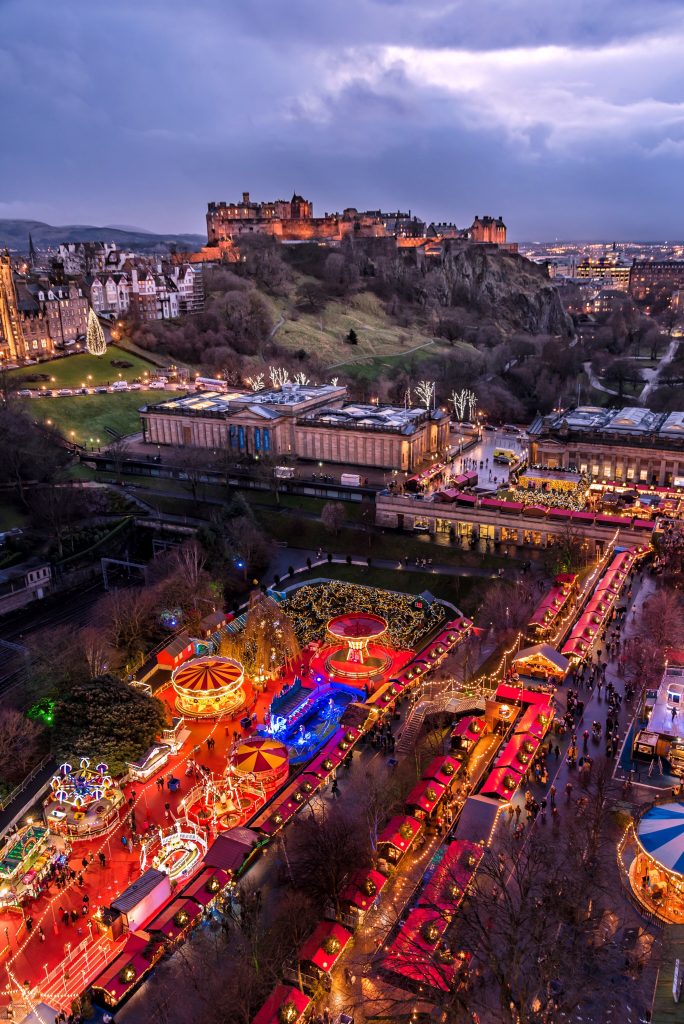 View of Edinburgh Christmas market and castle 