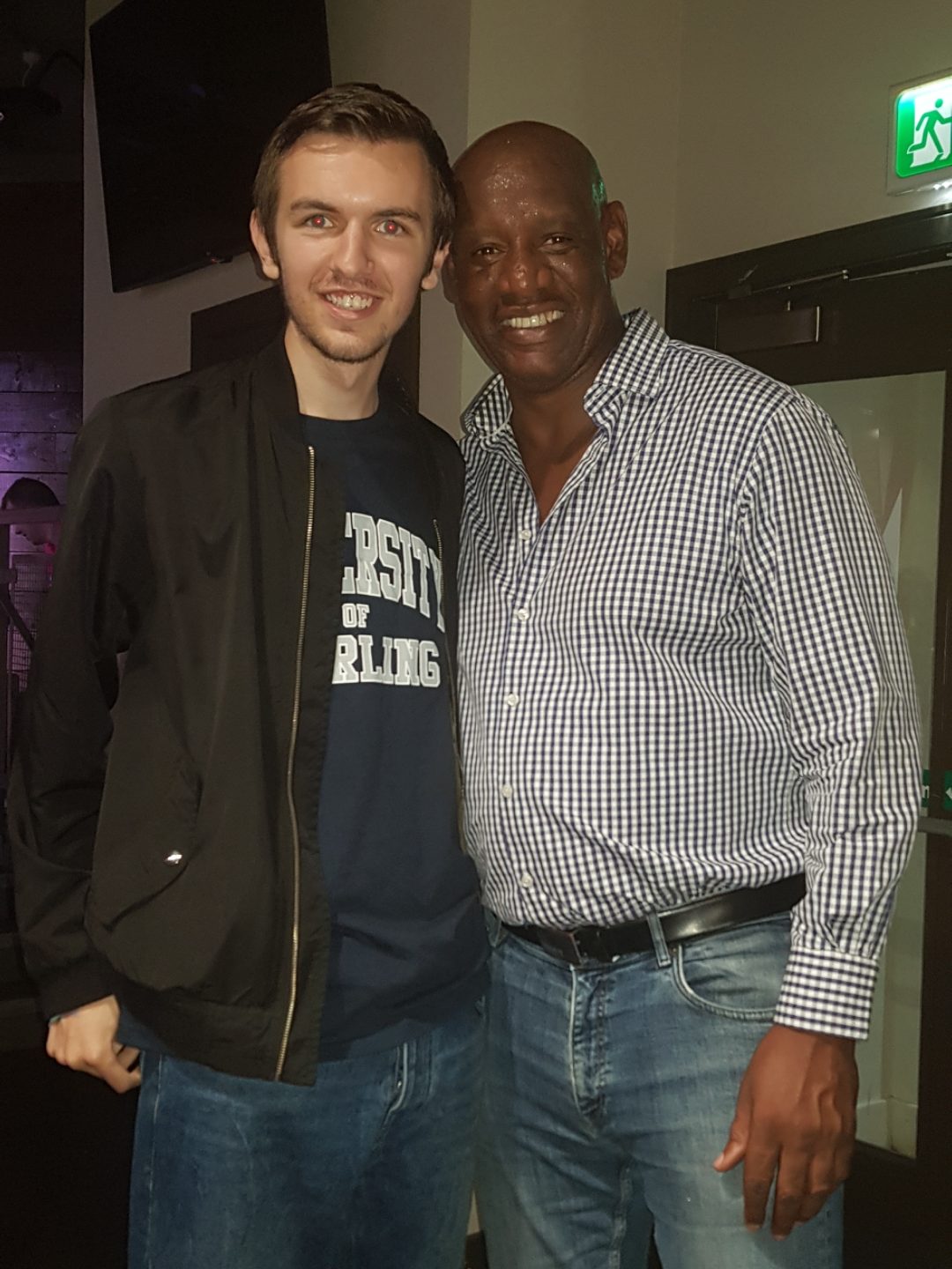 Luke Thomas smiling with Shaun Wallace from The Chase