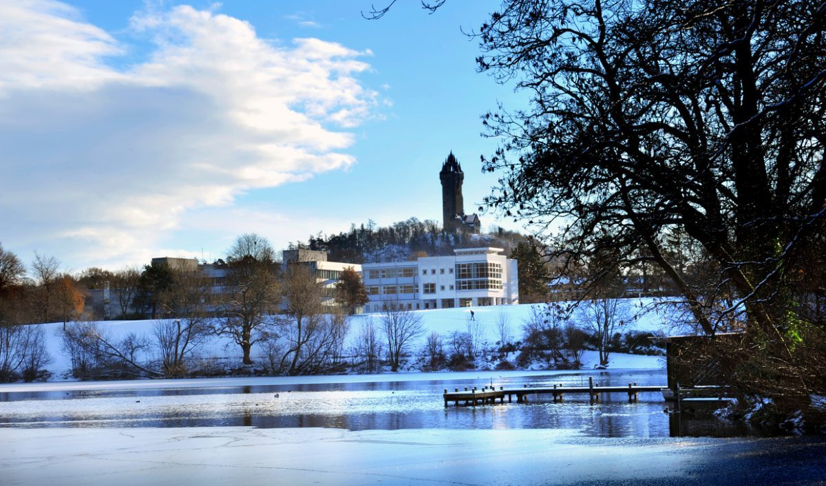 Winter campus image - Wallace Monument, Loch, Cottrell Building, Snow, Ice
